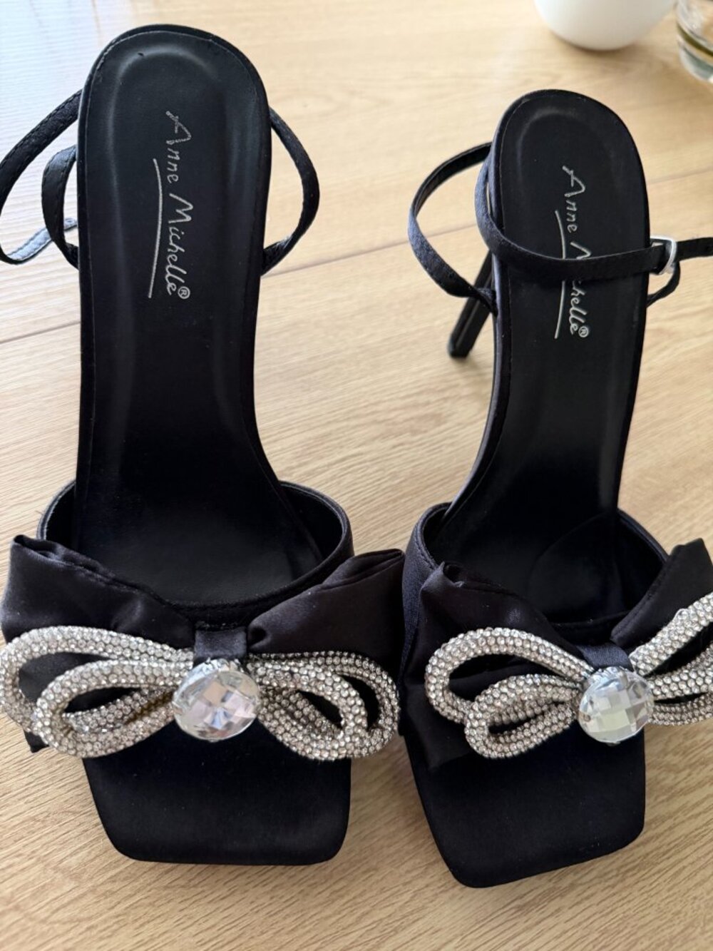 Anne Michelle Black Rhinestone Bow Ankle-Strap Stiletto Heels US 7 / EU 37